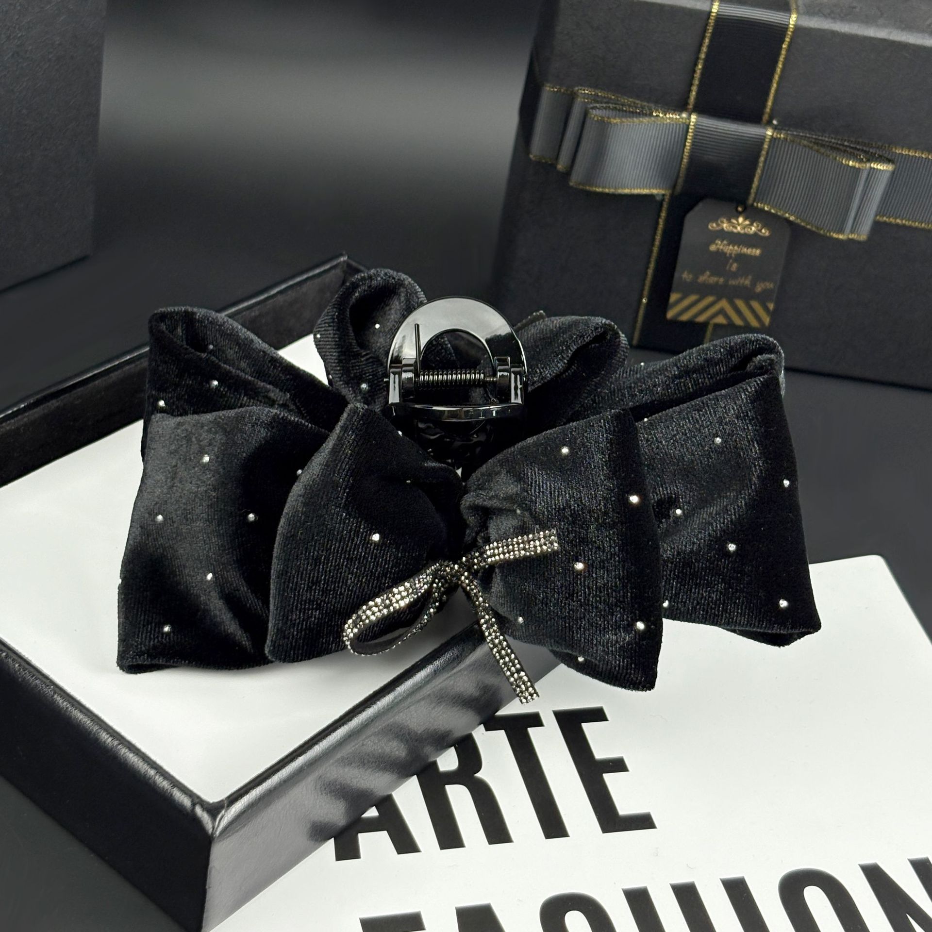 Velvet Black Bow Hair Clip High-End Grabber Female Large New Year Red Shark Clip Headwear