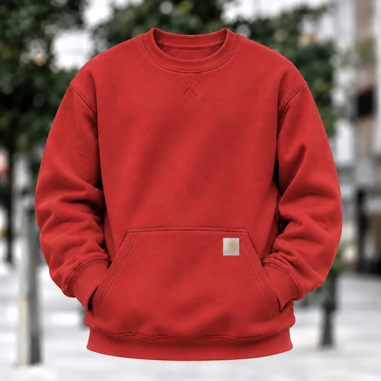 Men's red fleece crewneck sweatshirt with kangaroo pocket
