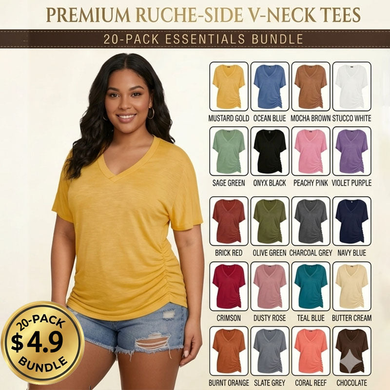 Womens Short Sleeve V Neck Dolman Tops with Side Shirring Loose Fit Shirts