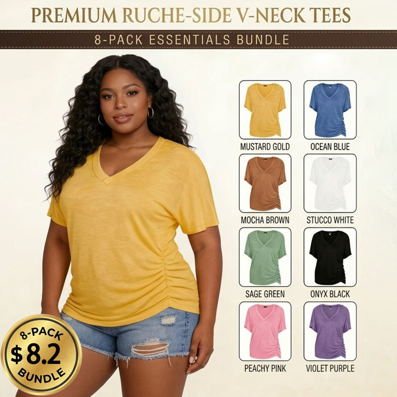 Womens Short Sleeve V Neck Dolman Tops with Side Shirring Loose Fit Shirts