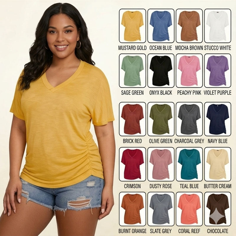 Womens Short Sleeve V Neck Dolman Tops with Side Shirring Loose Fit Shirts