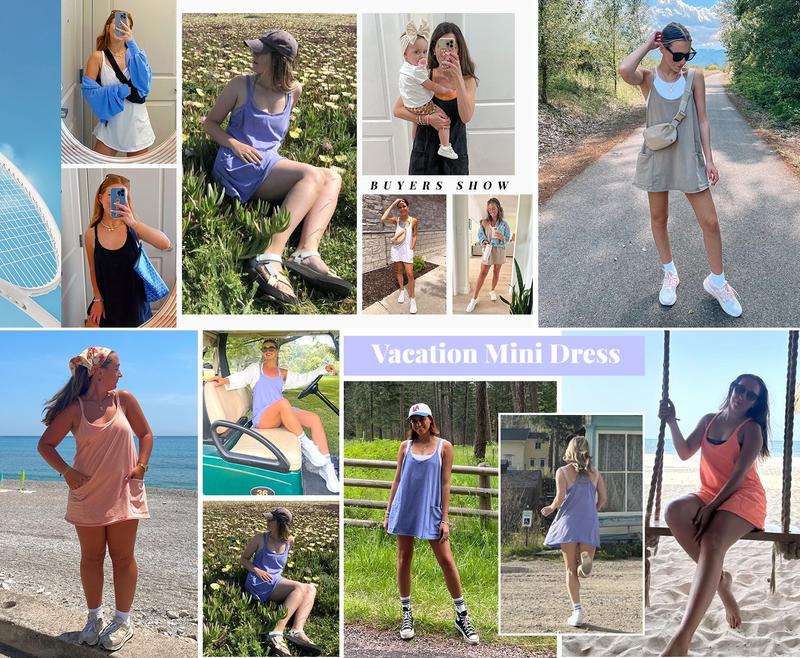 Tanming Women's Athletic Sleeveless Mini Dress with Built-in Shorts Summer V Neck Spaghetti Strap Short Spring Tennis Dress with Pockets