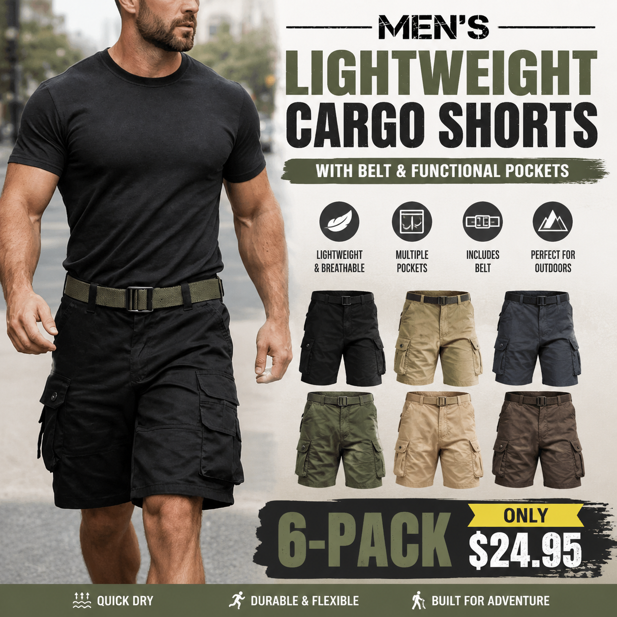 🔥Hot Sale! Men's Lightweight Cargo Shorts with Belt & Functional Pockets