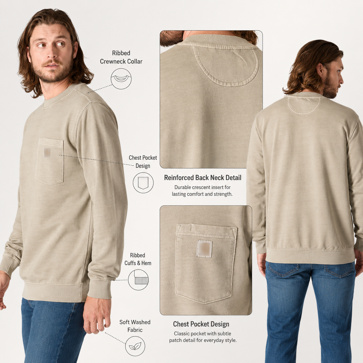 Vintage washed sweatshirt fabric and chest pocket details