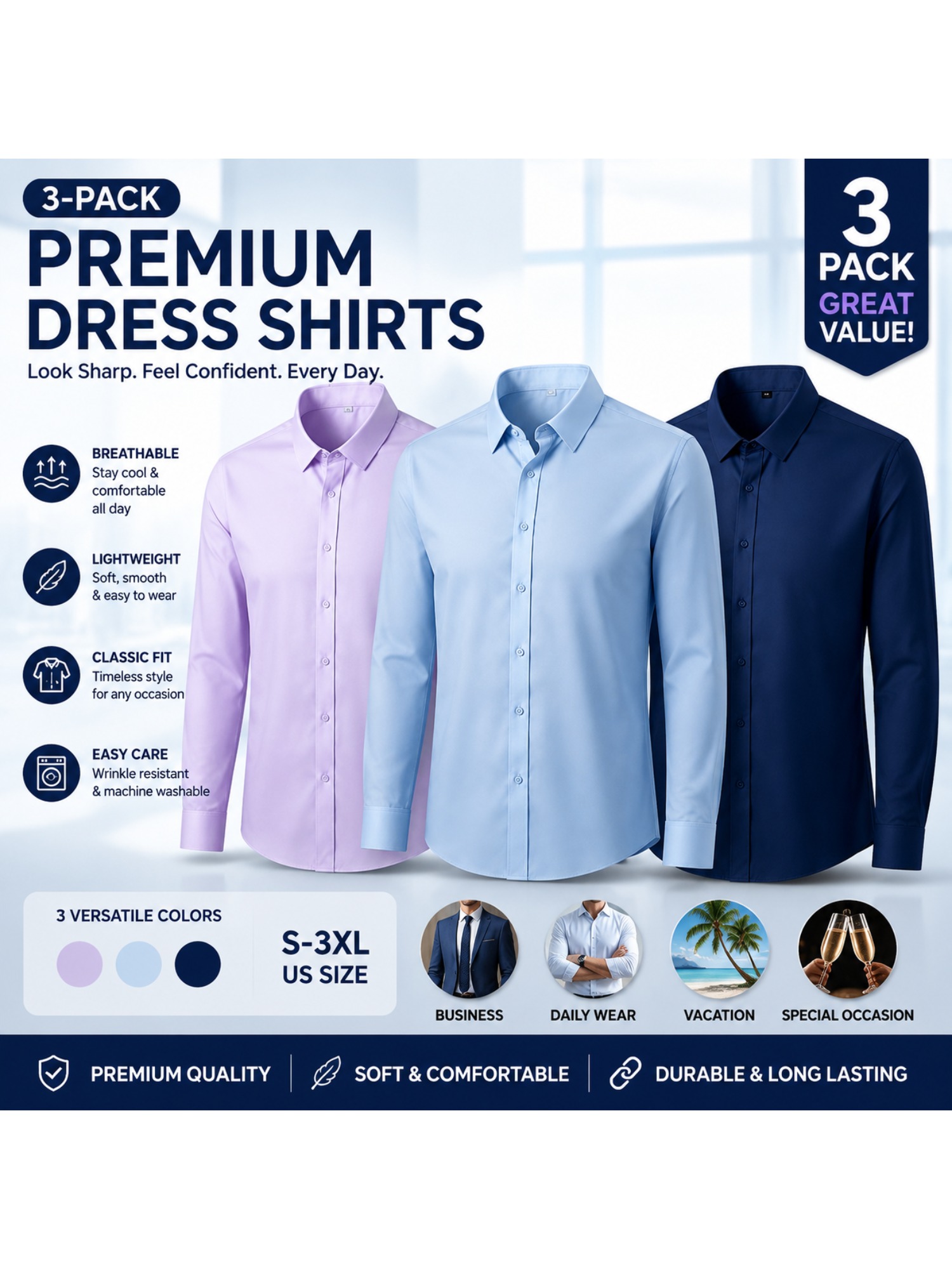 Men's 3pcs Long Sleeve Dress Shirts, Wrinkle-Free Stretch Formal Business Shirts, Slim Fit Button Tops for Office, Work and Casual Wear