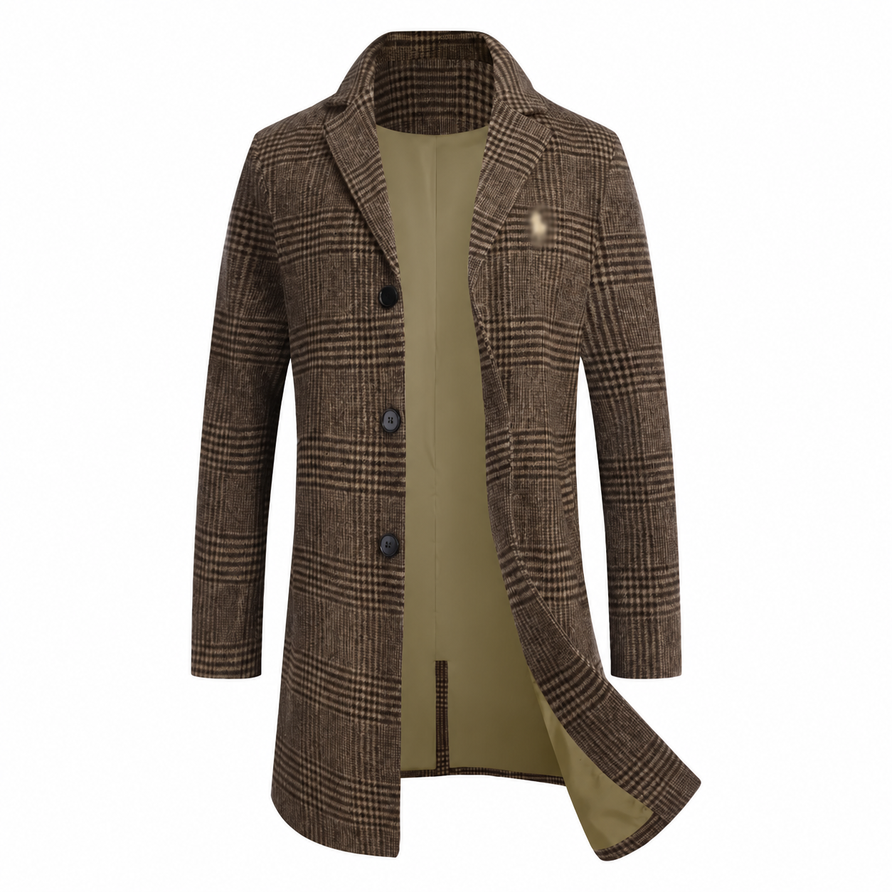 Brown plaid single-breasted overcoat with a fine checked pattern