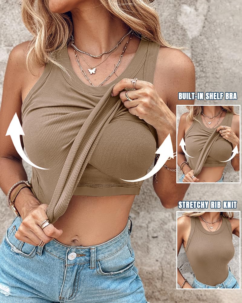 Women Everyday Basic RibbedBuilt-in Bra Tank