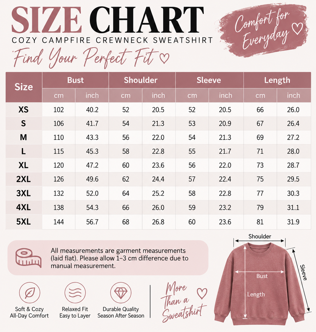 Cozy Campfire Crewneck Sweatshirt Size Guide