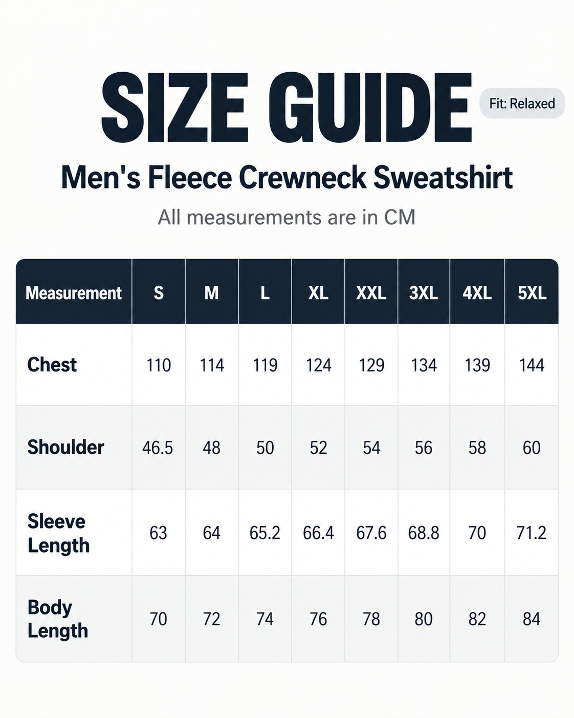 Men's fleece crewneck sweatshirt size guide S through 5XL