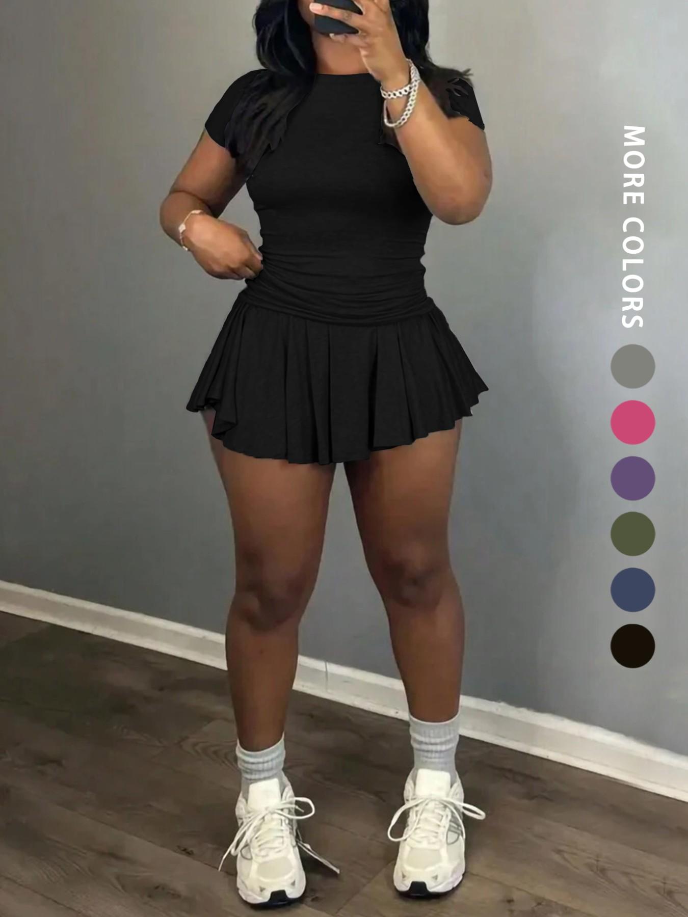 Women's Solid Color Top & Skort, Casual Fashion Cozy Round Neck Short Sleeve Tee & Skirt for Daily Outdoor Wear, Ladies Outfits for Summer, Aesthetic