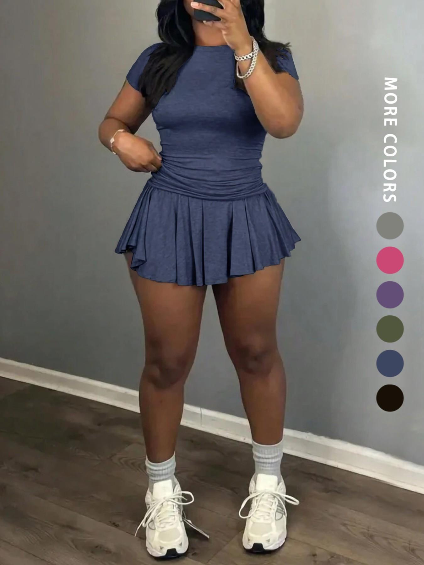 Women's Solid Color Top & Skort, Casual Fashion Cozy Round Neck Short Sleeve Tee & Skirt for Daily Outdoor Wear, Ladies Outfits for Summer, Aesthetic