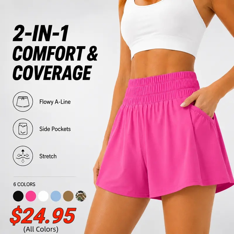 🔥 Limited-Time Offer:Women High Waisted Elastic Running Shorts Gym Workout Flowy Shorts with Pockets