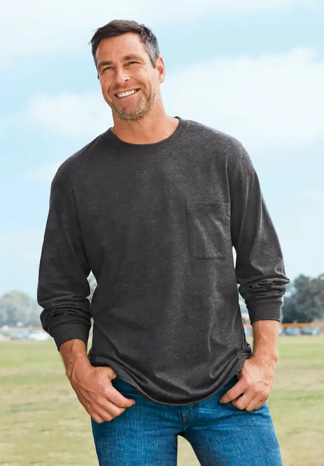 Shrink-LessTM Lightweight Long-Sleeve Crewneck Pocket T-Shirt