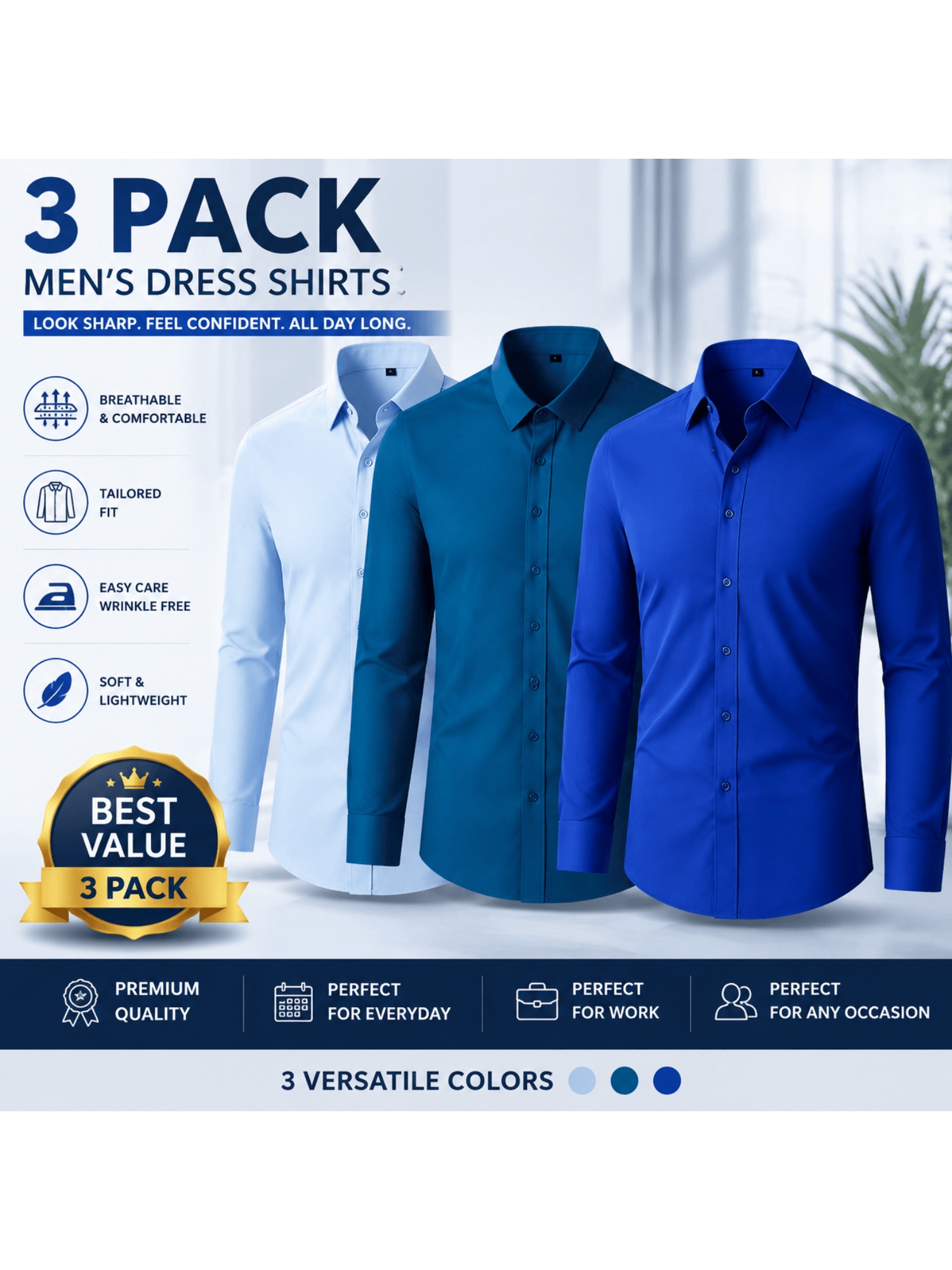 Men's 3pcs Long Sleeve Dress Shirts, Wrinkle-Free Stretch Formal Business Shirts, Slim Fit Button Tops for Office, Work and Casual Wear