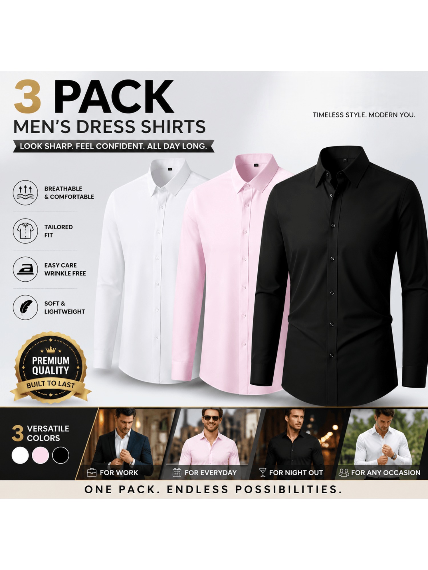 Men's 3pcs Long Sleeve Dress Shirts, Wrinkle-Free Stretch Formal Business Shirts, Slim Fit Button Tops for Office, Work and Casual Wear