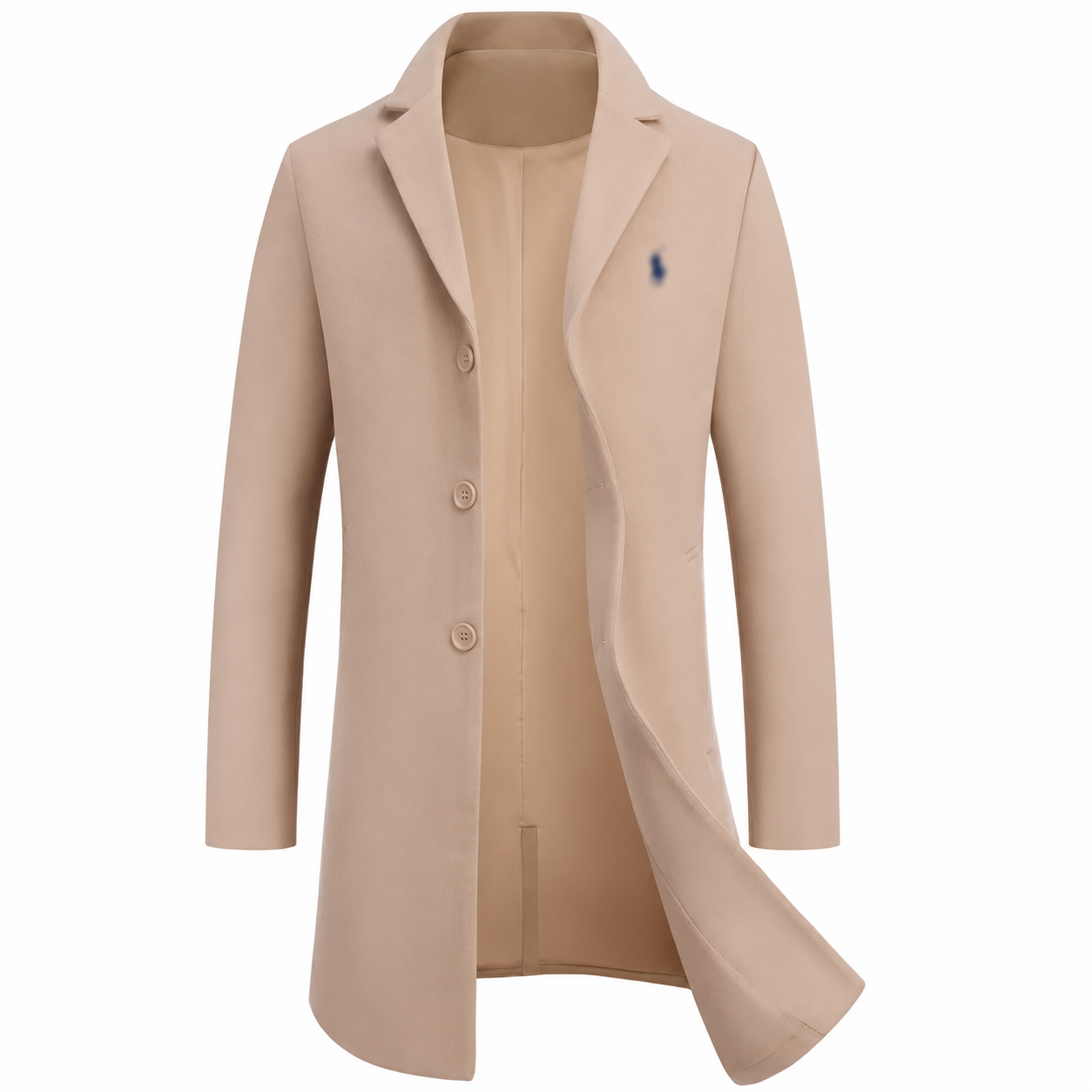 Camel single-breasted overcoat with notched lapels and three buttons