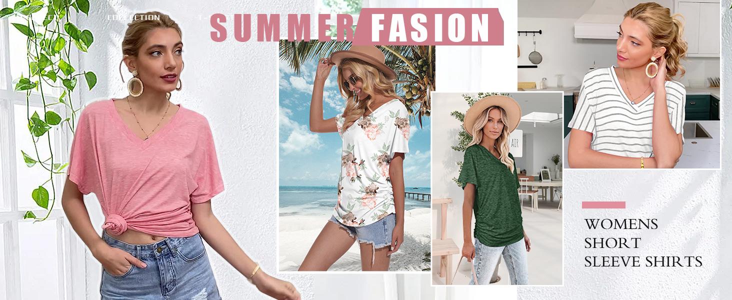 WIHOLL Womens Short Sleeve V Neck Dolman Tops with Side Shirring Loose Fit Shirts SpringStatements