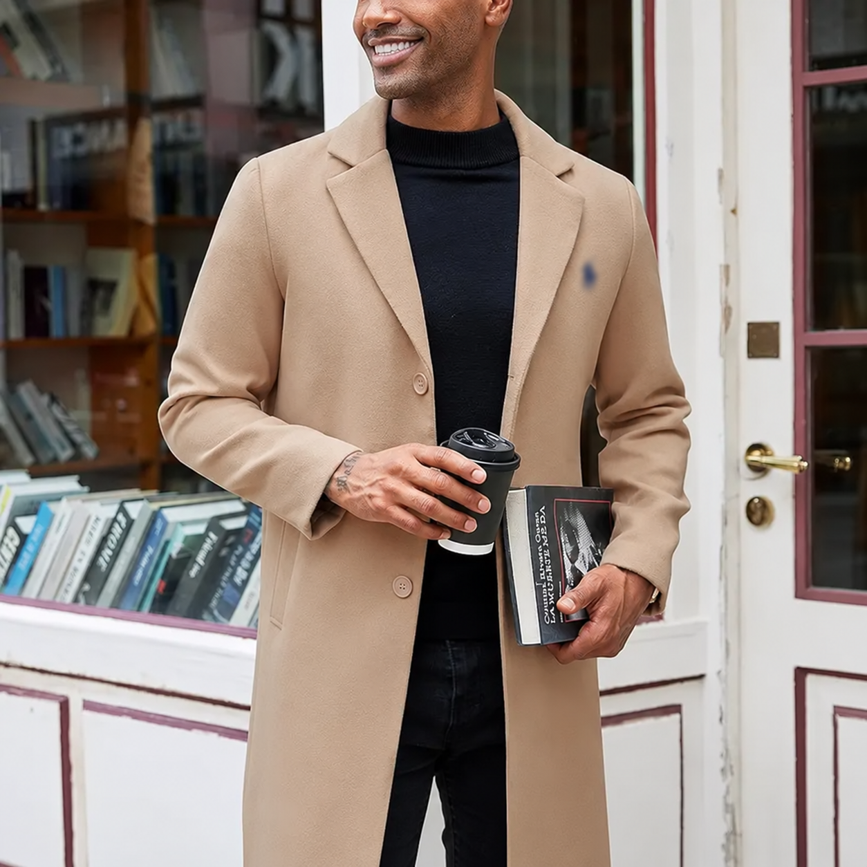 Man wearing a camel overcoat over a black sweater outside a bookshop