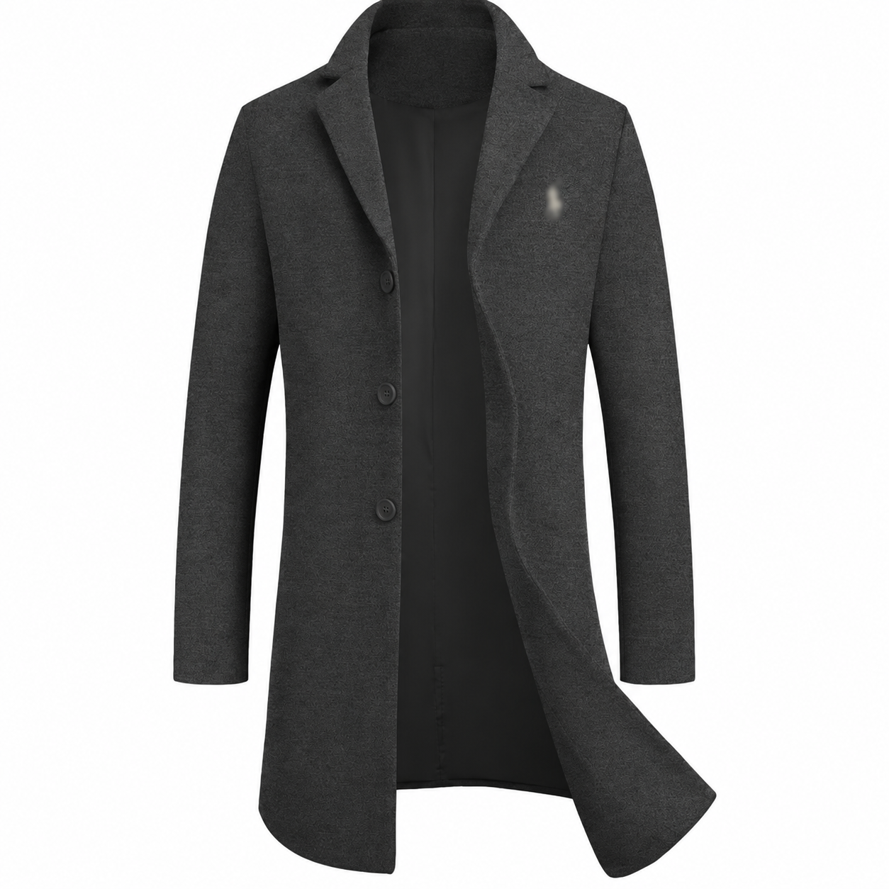 Dark gray men's overcoat showing the collar, three-button front, and full-length sleeves