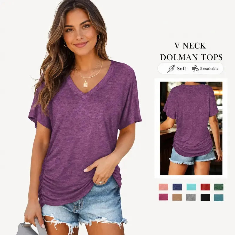 Womens Short Sleeve V Neck Dolman Tops with Side Shirring Loose Fit Shirts