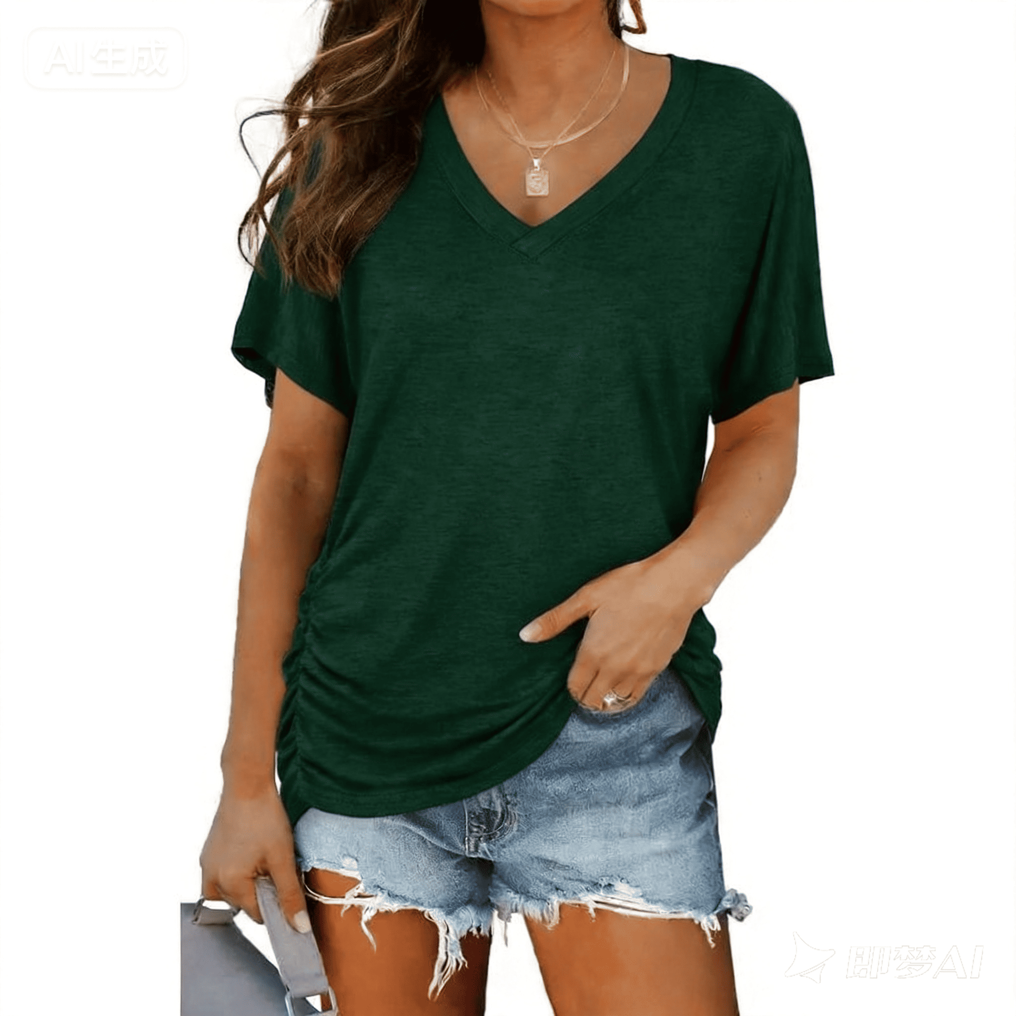 Womens Short Sleeve V Neck Dolman Tops with Side Shirring Loose Fit Shirts