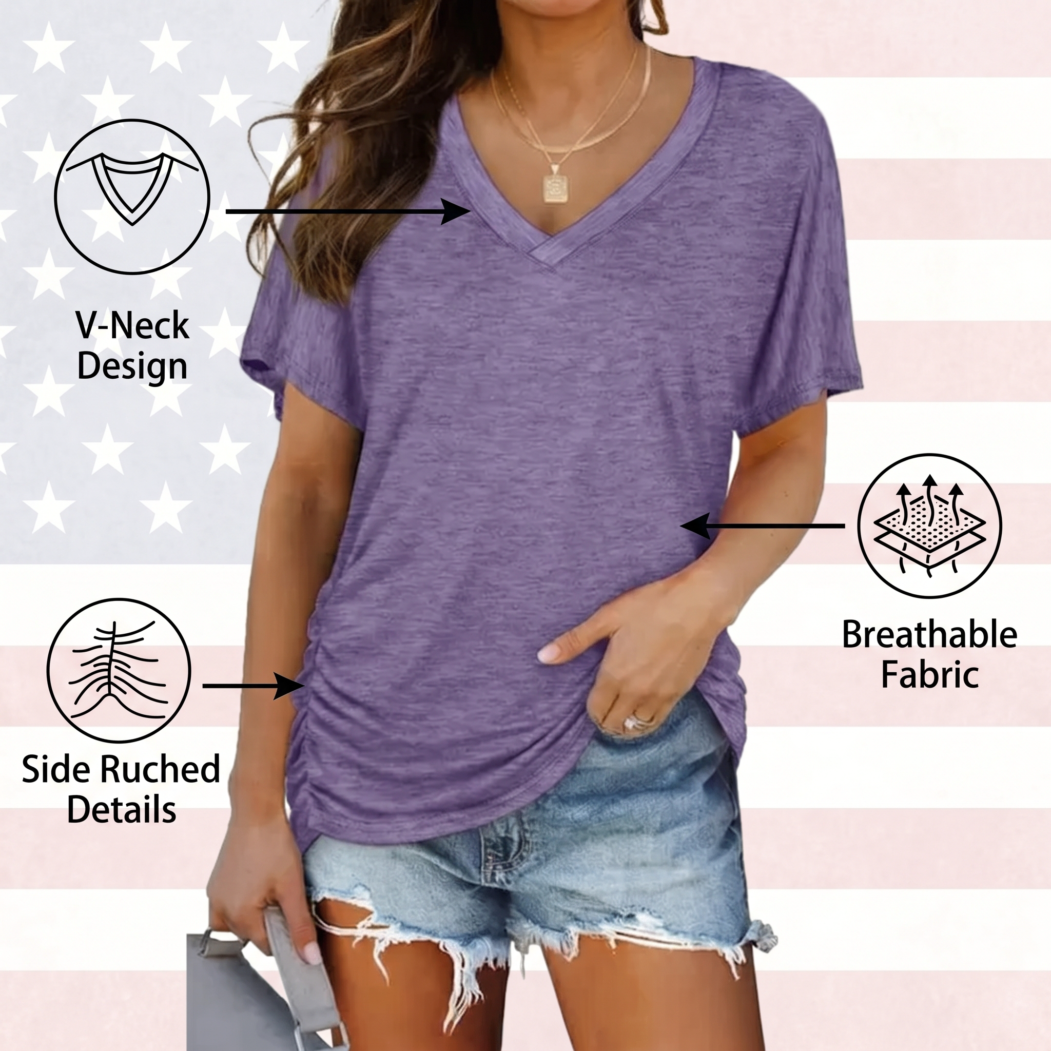 Womens Short Sleeve V Neck Dolman Tops with Side Shirring Loose Fit Shirts