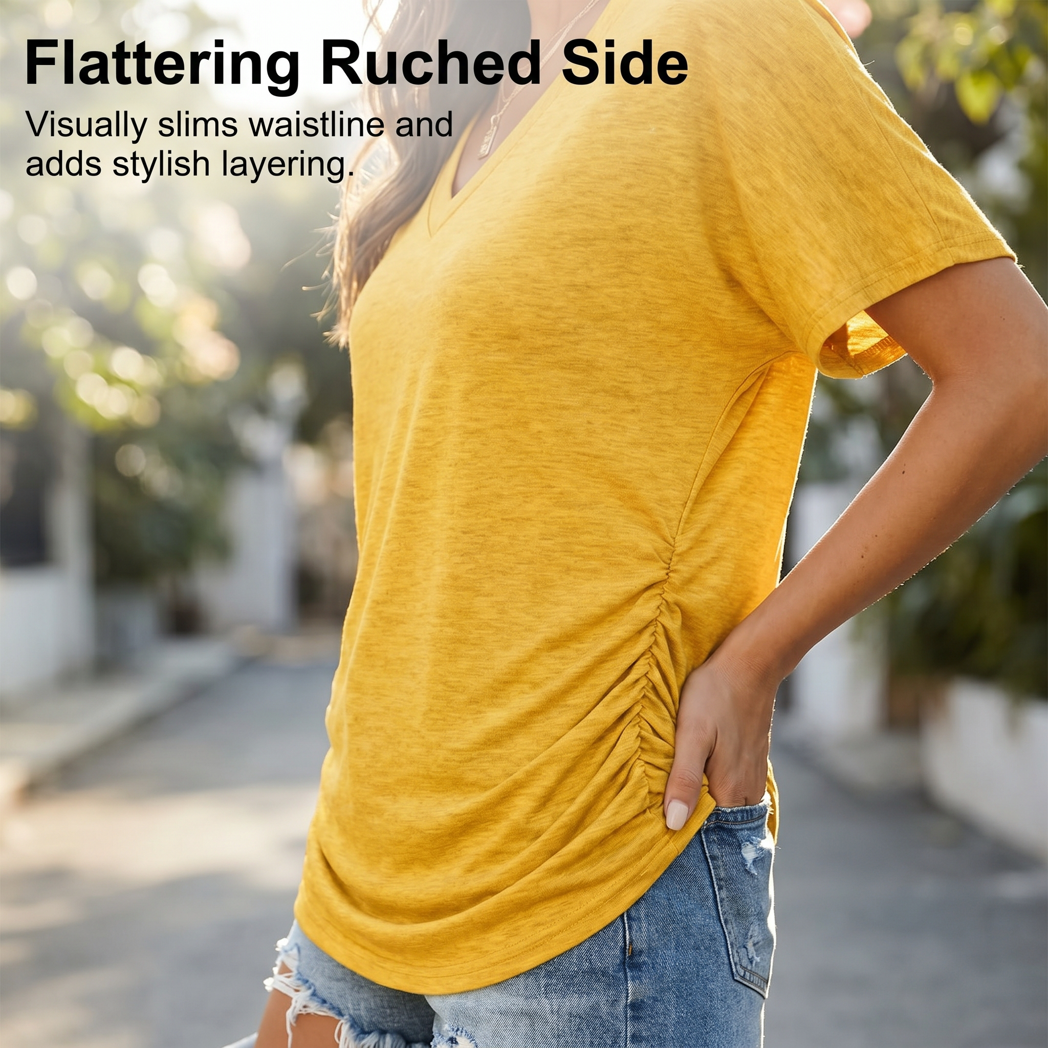 Womens Short Sleeve V Neck Dolman Tops with Side Shirring Loose Fit Shirts