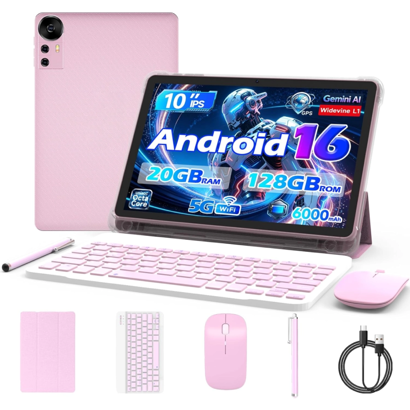 Android 16 Tablet 10 Inch, 20GB RAM+128GB ROM/2TB Expandable, 2.0GHz Octa-core Processor, 1280*800 HD Screen, 5G WiFi6 BT5.0, 2 in 1 Tablets
