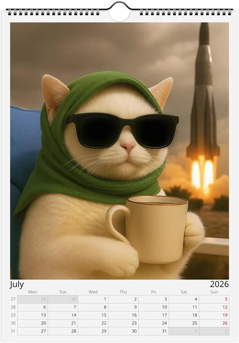 😼🍹Everything is Fine Meme Cat Wall Calendar 2026