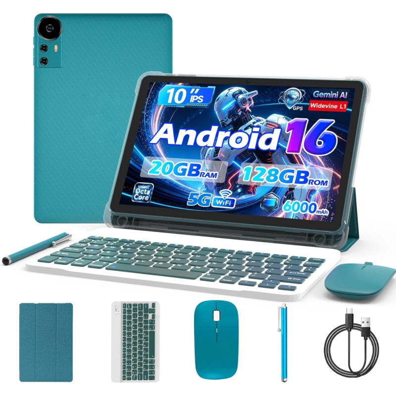 Android 16 Tablet 10 Inch, 20GB RAM+128GB ROM/2TB Expandable, 2.0GHz Octa-core Processor, 1280*800 HD Screen, 5G WiFi6 BT5.0, 2 in 1 Tablets