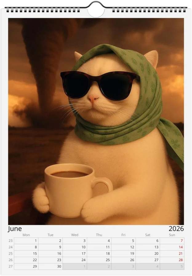 😼🍹Everything is Fine Meme Cat Wall Calendar 2026