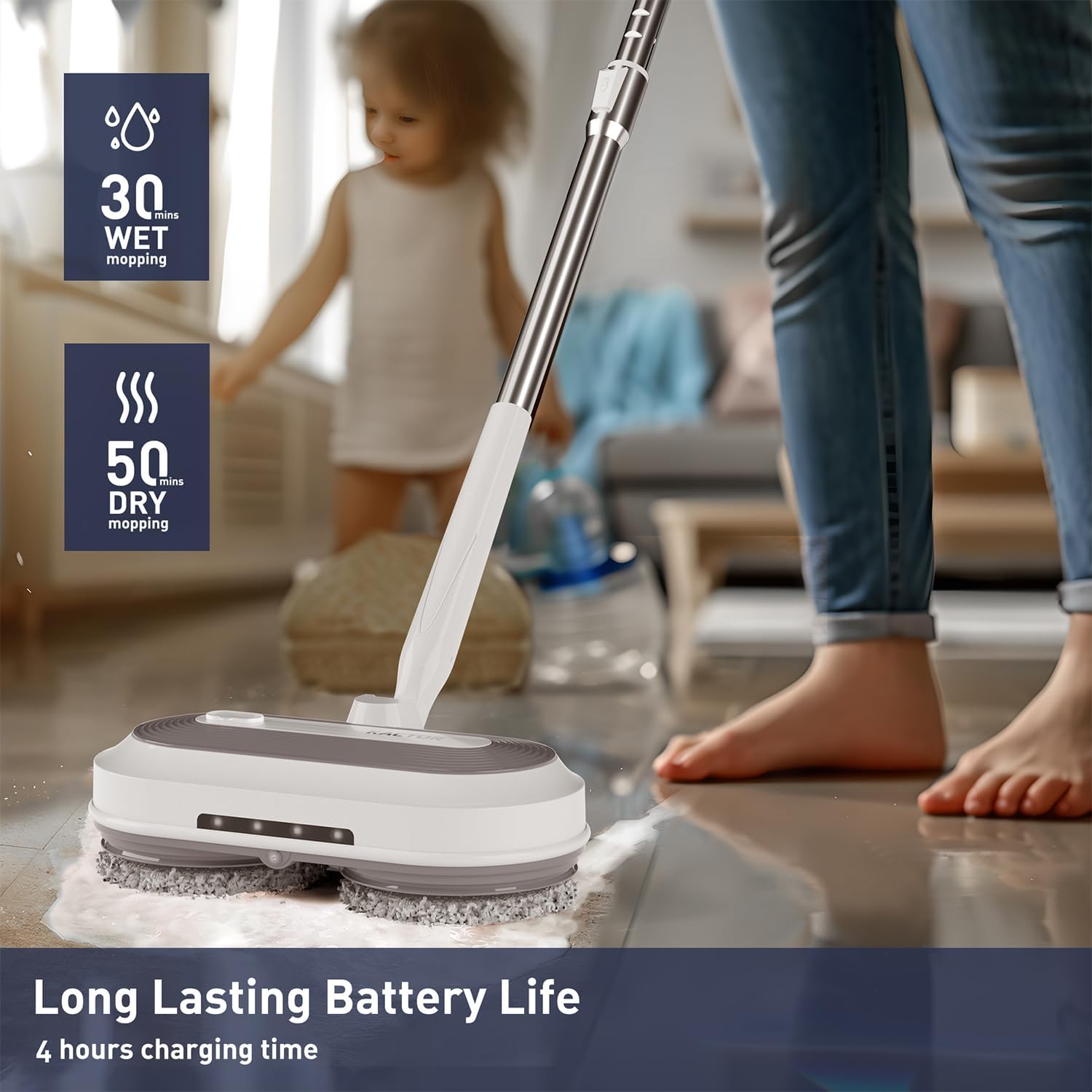 ⏰ LAST DAY 80% OFF Cordless Electric Spin Mop, Electric Floor Cleaner with Water Sprayer & LED Headlight, 50mins Working Time, 290ml Water Tank, Adjustable Tube, Self-Propelled Multi-Surfaces Floor Mop for Home Cleaning