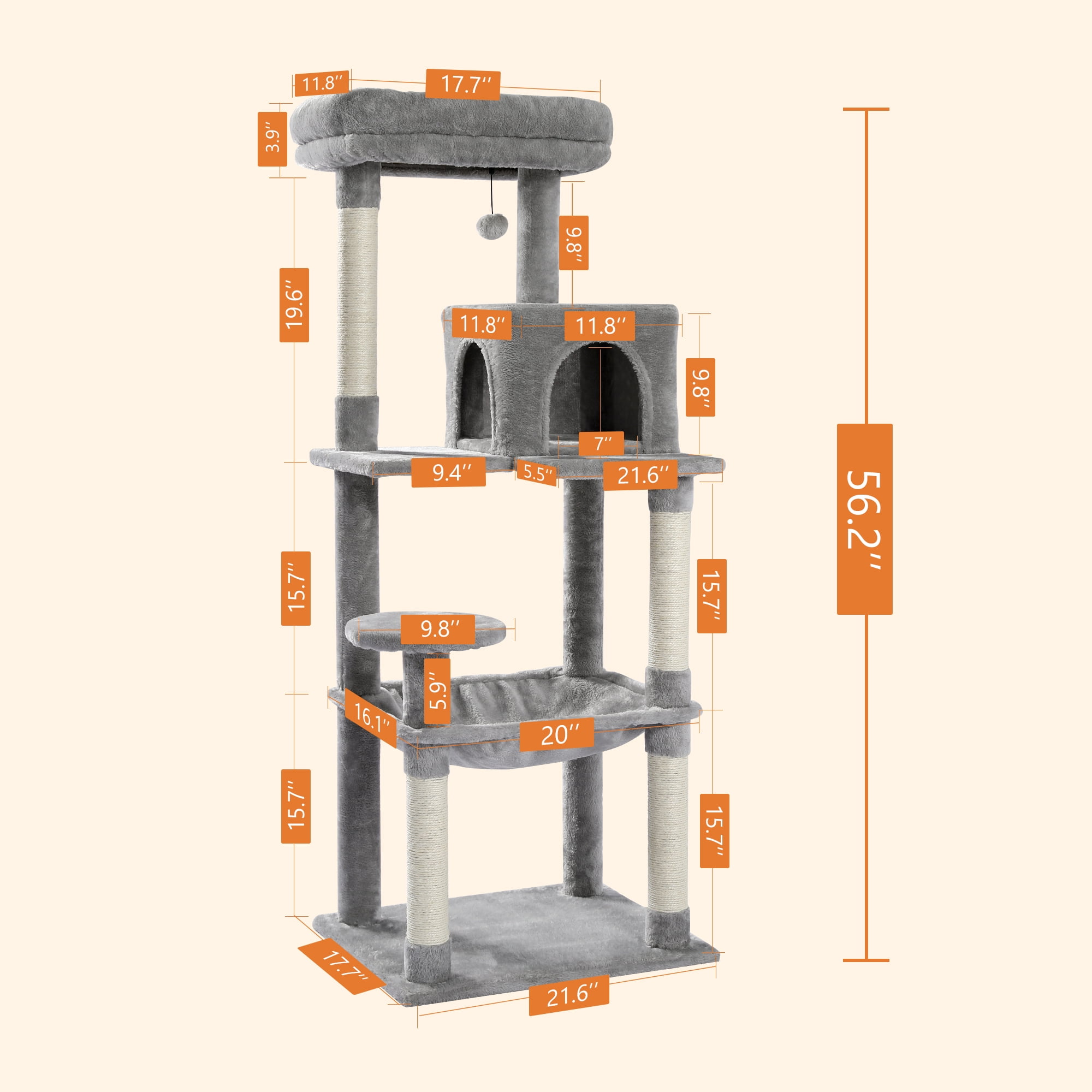 Cat Tree for Large Cats 56"Tall Cat Tower Condo with Scratching Post for Indoor Cats,Gray