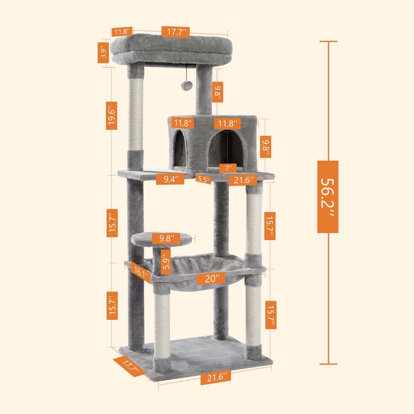 Cat Tree for Large Cats 56"Tall Cat Tower Condo with Scratching Post for Indoor Cats,Gray