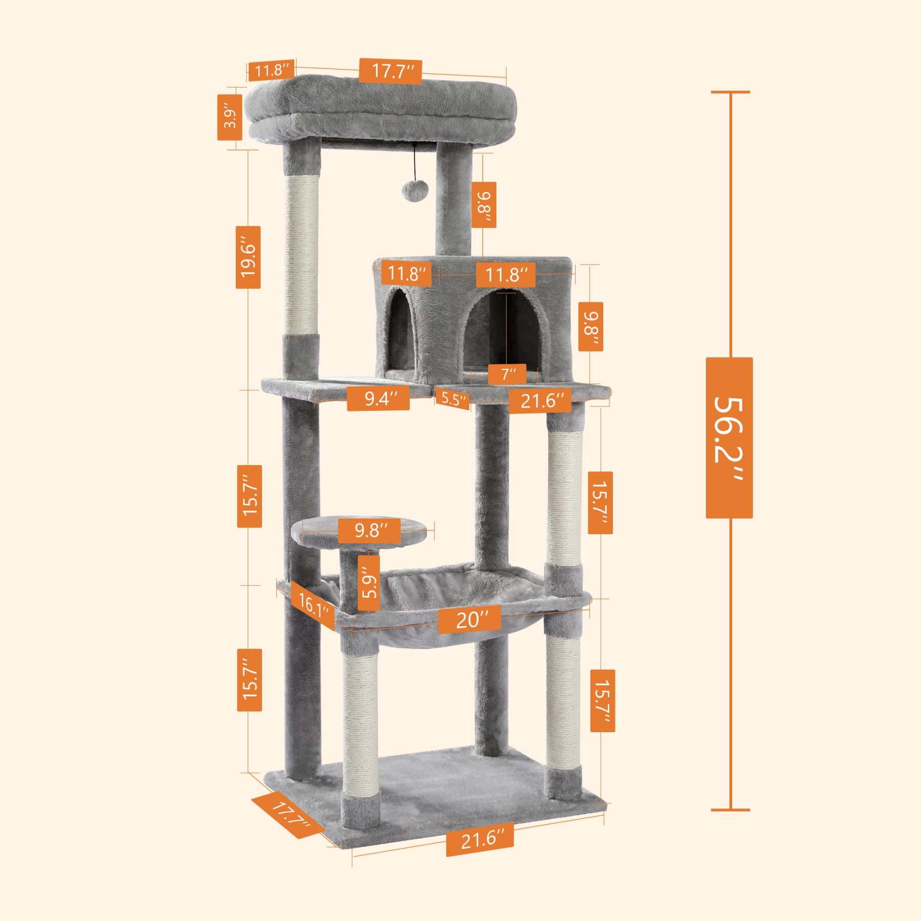 Cat Tree for Large Cats 56"Tall Cat Tower Condo with Scratching Post for Indoor Cats,Gray