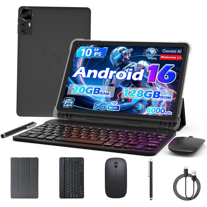 Android 16 Tablet 10 Inch, 20GB RAM+128GB ROM/2TB Expandable, 2.0GHz Octa-core Processor, 1280*800 HD Screen, 5G WiFi6 BT5.0, 2 in 1 Tablets