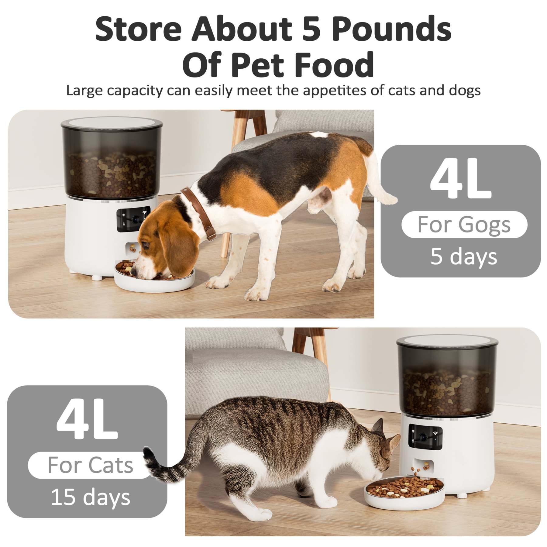 Automatic Cat Feeders with 304 Stainless Steel Bowl,4L Automatic Cat Food Dispenser with 1080P Camera