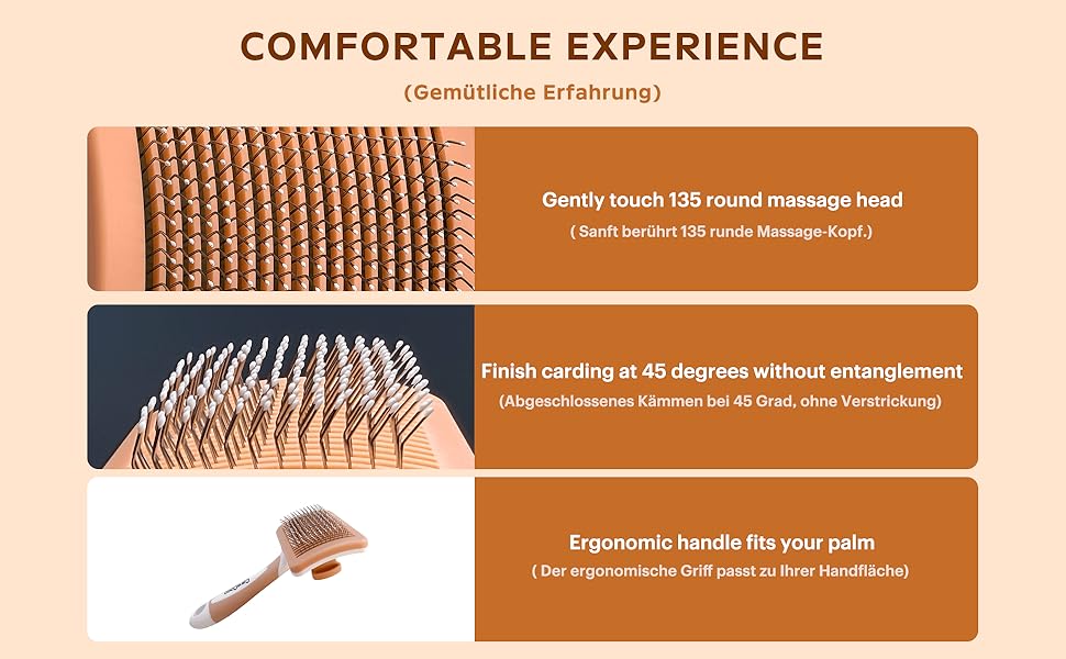 Text reads: 'COMFORTABLE EXPERIENCE' followed by features about handle angles and massage head specifications shown against copper-colored backgrounds.