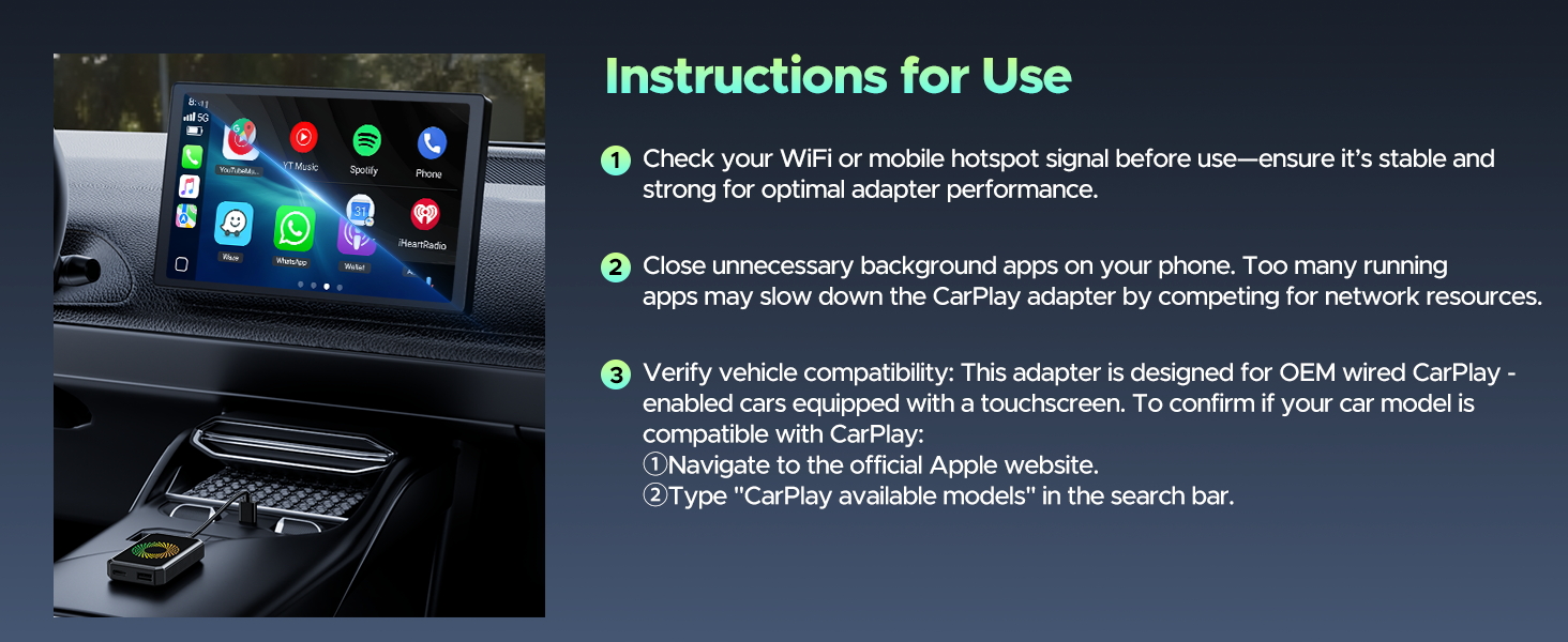 Instructions for Use screen interface shown on car dashboard display. Multiple colored icons and menu options visible in automotive control system.