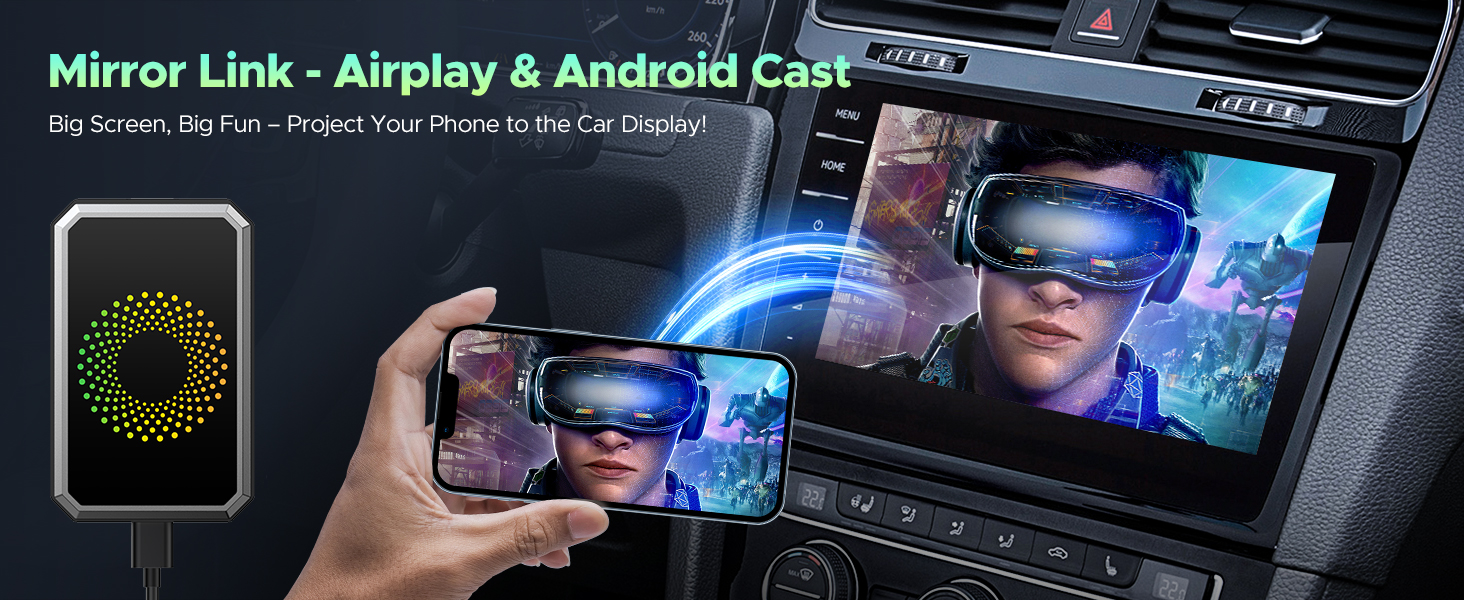 Car dashboard display showing Mirror Link technology. Smartphone screen mirrored on larger display, featuring virtual reality game imagery. Text reads: "Mirror Link - Airplay &amp; Android Cast".