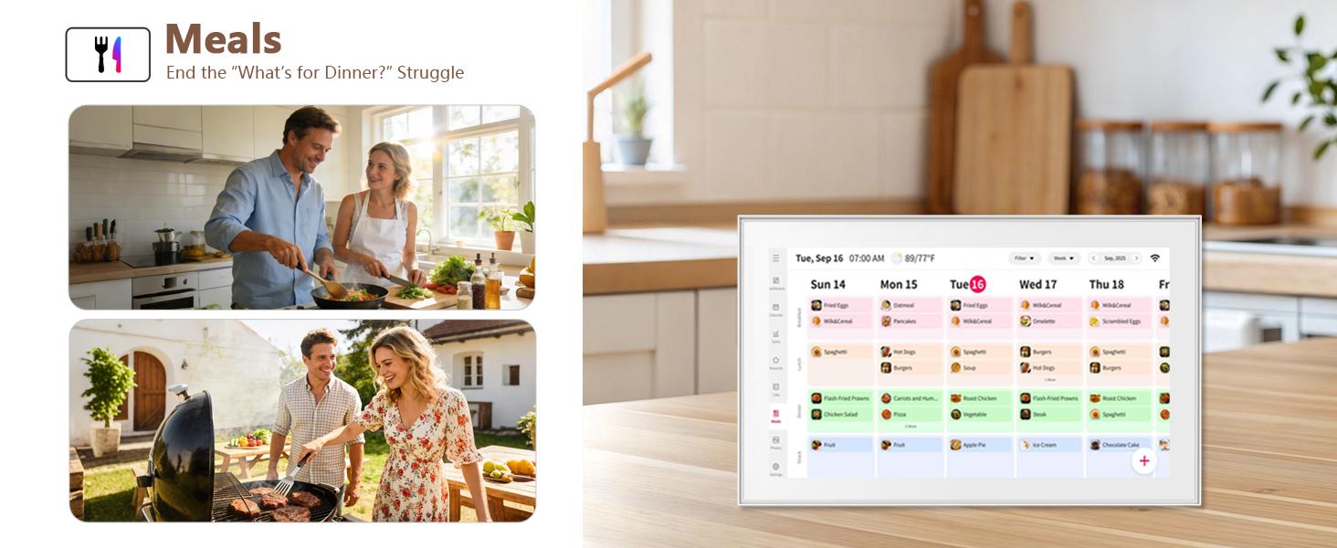 Smart Digital Wall Electronic Calendar - IPS HD Touchscreen, Multiple Apps, Weather Info, Bidirectional Operation, Color Differentiation, Customized Views, Family Dinner Plan Planner, Camera Accessory with Photo Frame Functionality,