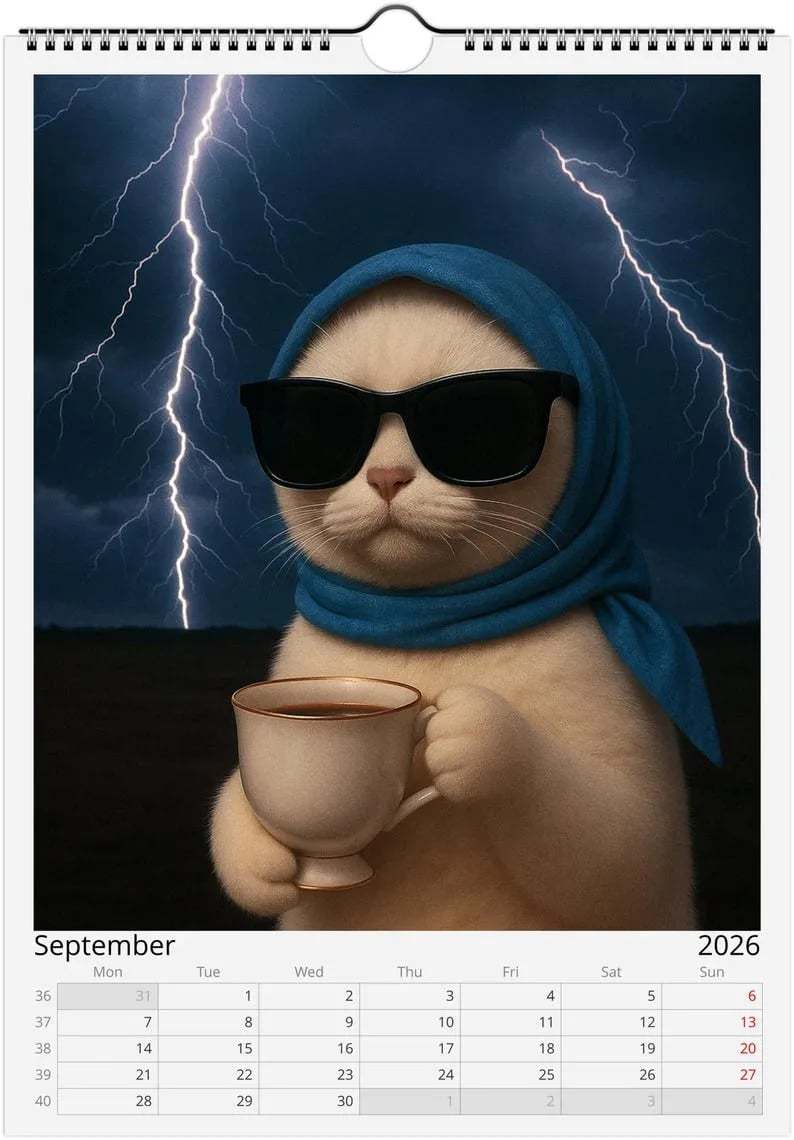 😼🍹Everything is Fine Meme Cat Wall Calendar 2026