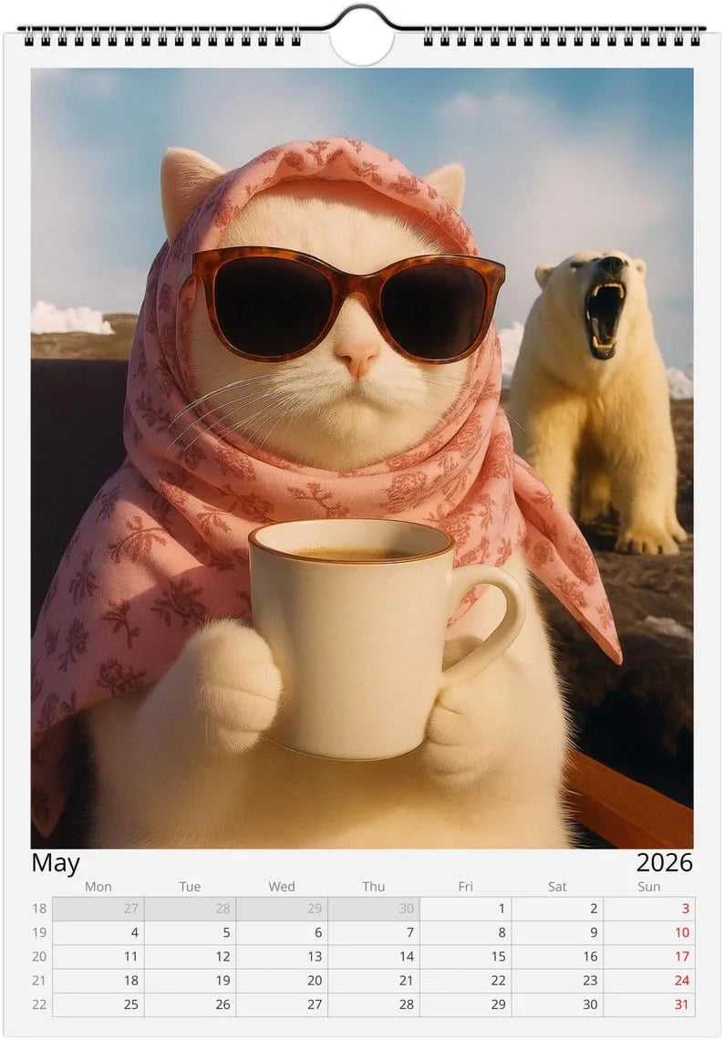 😼🍹Everything is Fine Meme Cat Wall Calendar 2026