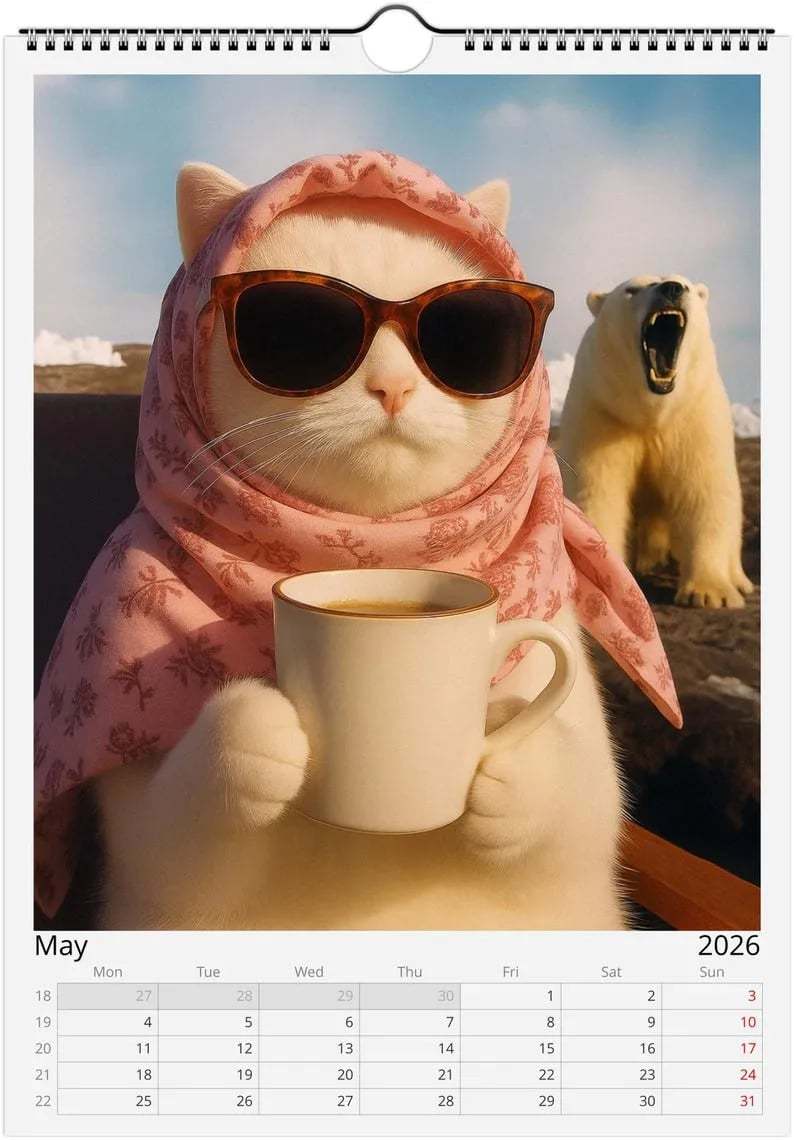 😼🍹Everything is Fine Meme Cat Wall Calendar 2026