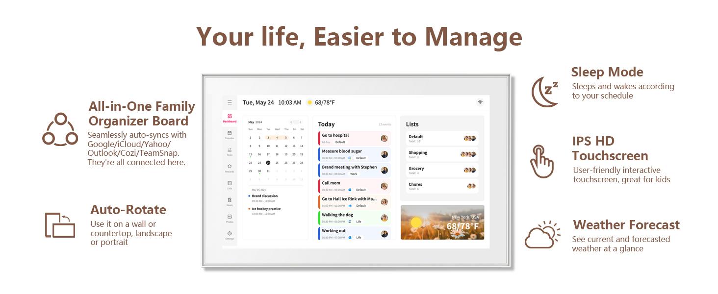 Smart Digital Wall Electronic Calendar - IPS HD Touchscreen, Multiple Apps, Weather Info, Bidirectional Operation, Color Differentiation, Customized Views, Family Dinner Plan Planner, Camera Accessory with Photo Frame Functionality,