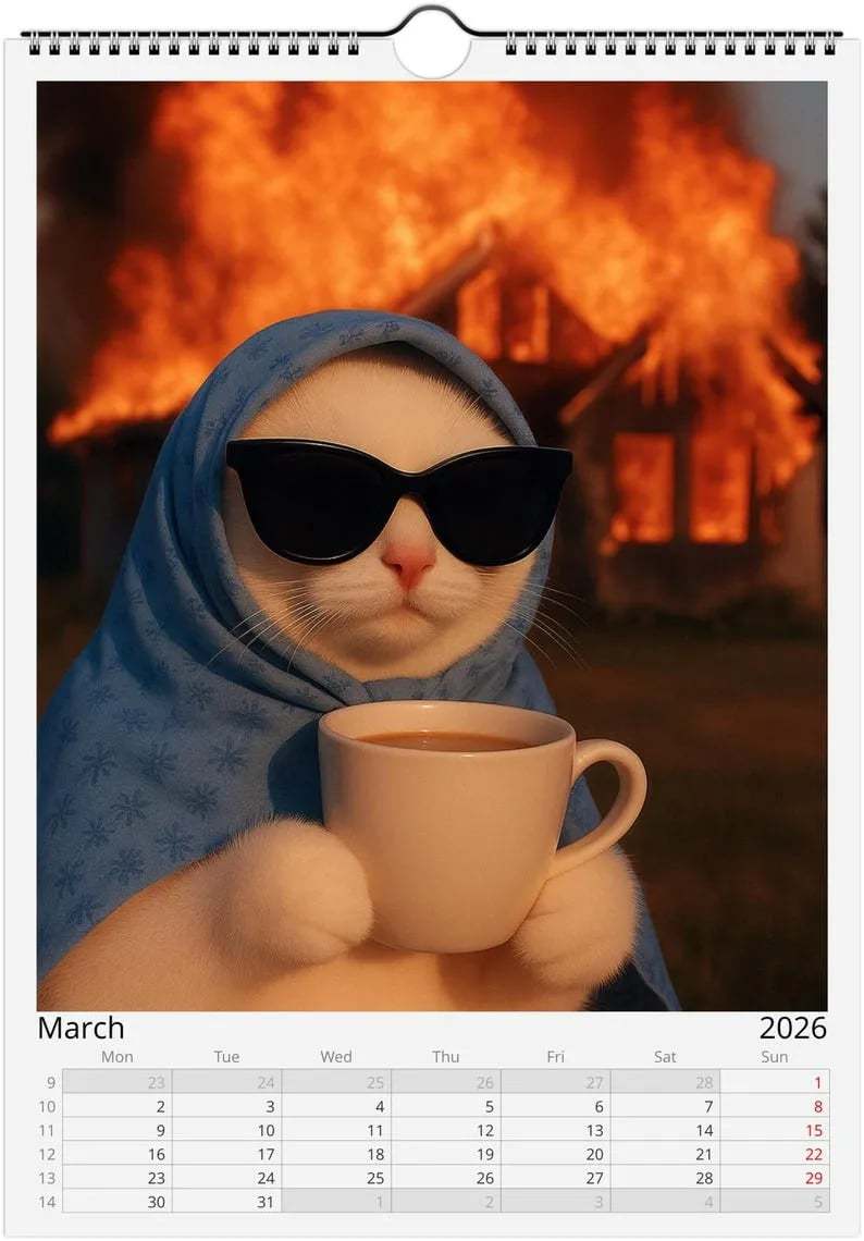 😼🍹Everything is Fine Meme Cat Wall Calendar 2026