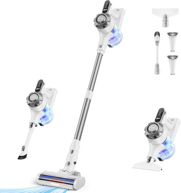 Cordless Vacuum Cleaner, 8-in-1 Lightweight Stick Vacuum with 45mins Runtime, Powerful Suction, Rechargeable Cordless Vacuum for Carpet, Tile, Pet Hair, Hardwood Floors, Pink