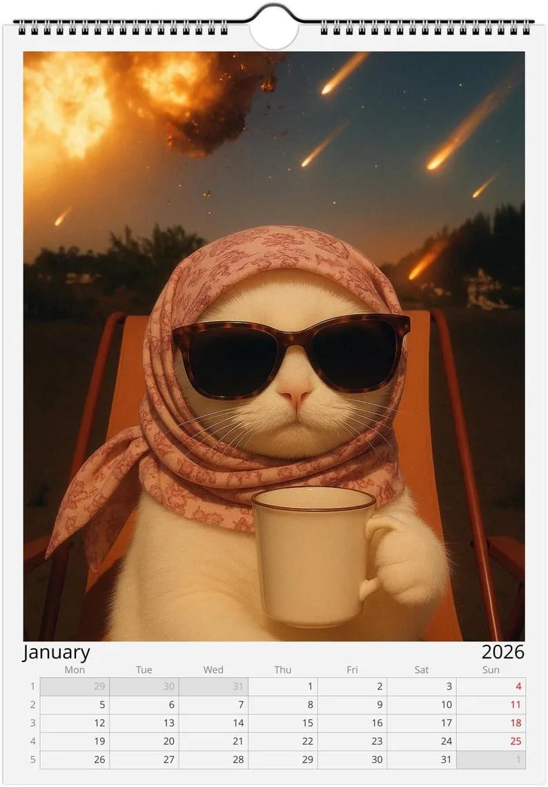 😼🍹Everything is Fine Meme Cat Wall Calendar 2026