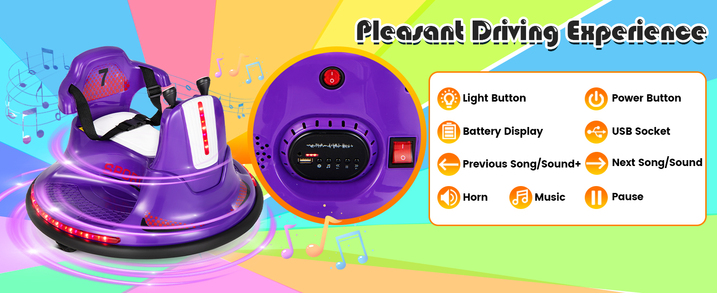 light button, USB socket, horn, music