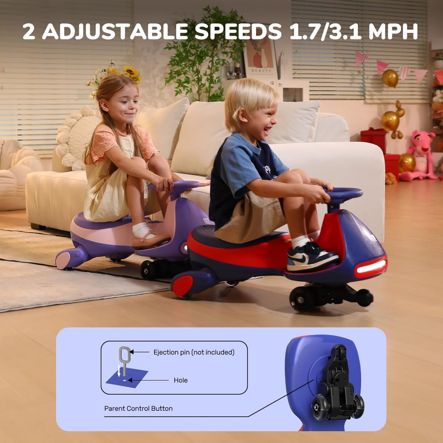 N7 Classic Electric Wiggle Car with Pedal, Rechargeable Battery, Ride on Toys, Swing Car, 2 Speeds, Anti-Rollover, Flashing Light Wheels, Bluetooth, for Ages 3 and Up, 150 Lbs, Pink